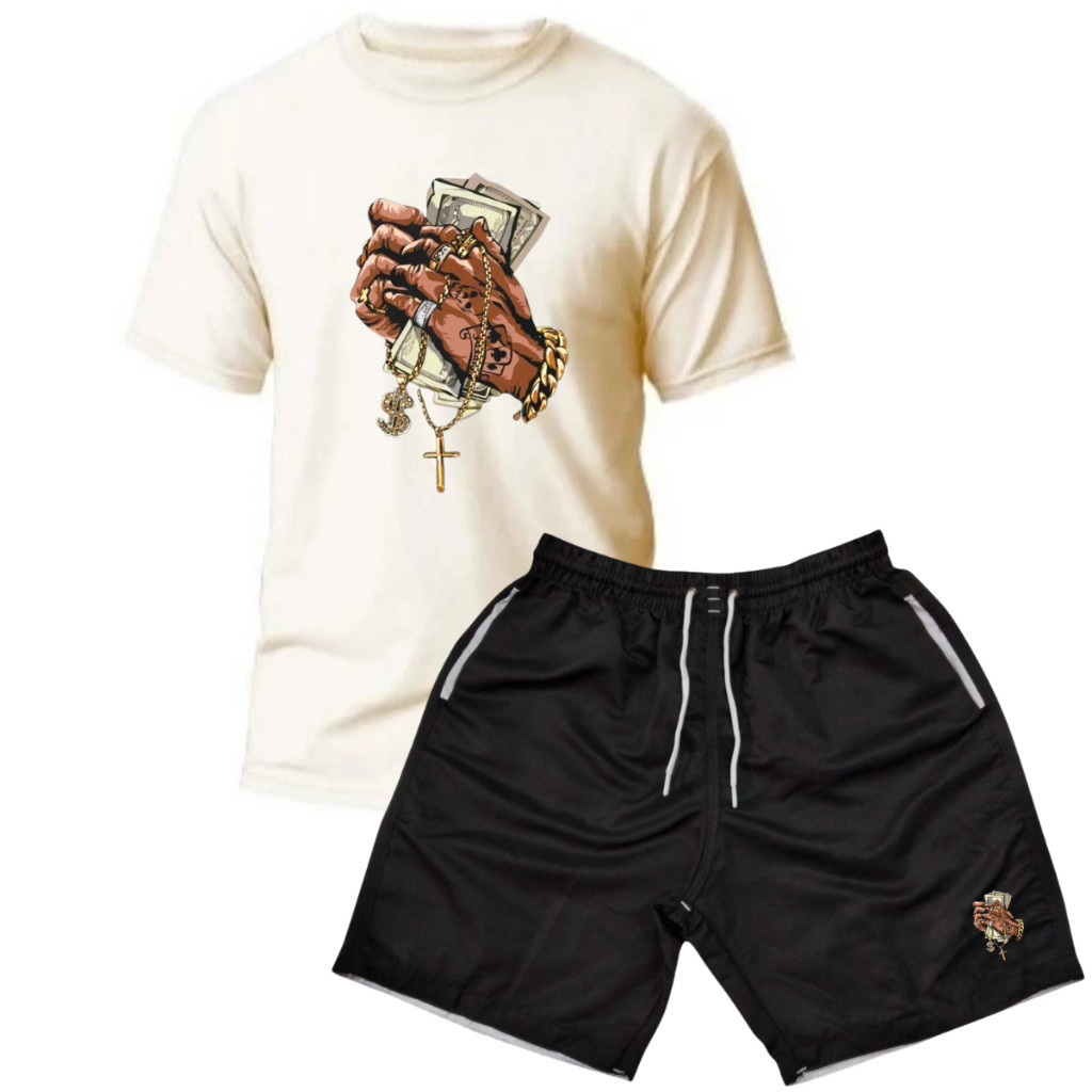 Kit Camiseta Masculina + Bermuda Masculina Estampada Bermuda Tactel + Relógio Digital Envio imediato