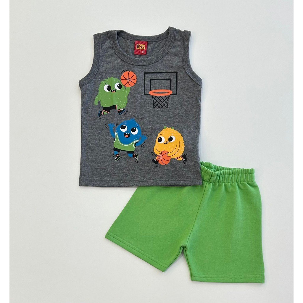 Conjunto Infantil Kyly Regata Cinza Monstrinhos Basquete com Bermuda Verde Conforto Verão