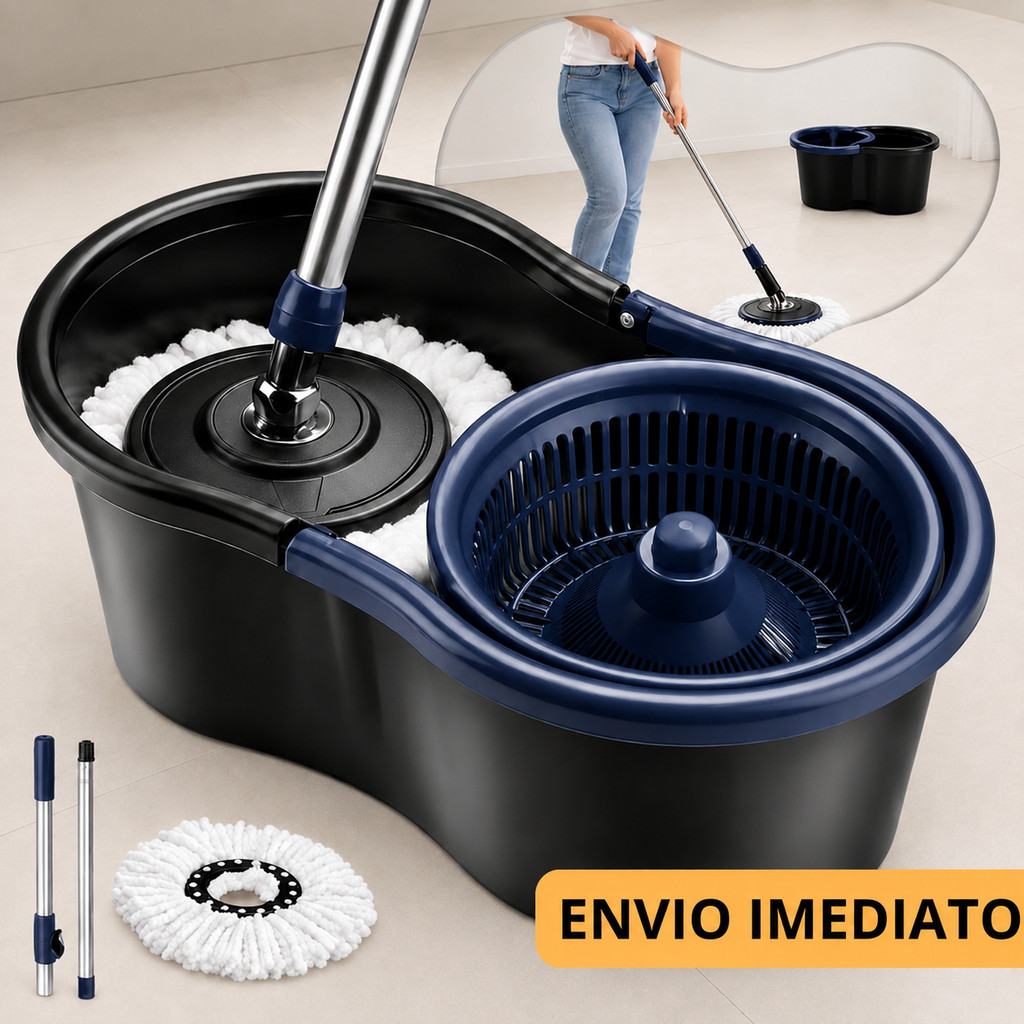 Mop Giratório 360° Plástico 8L com Balde Cesto Microfibra Cabo Inox 140cm