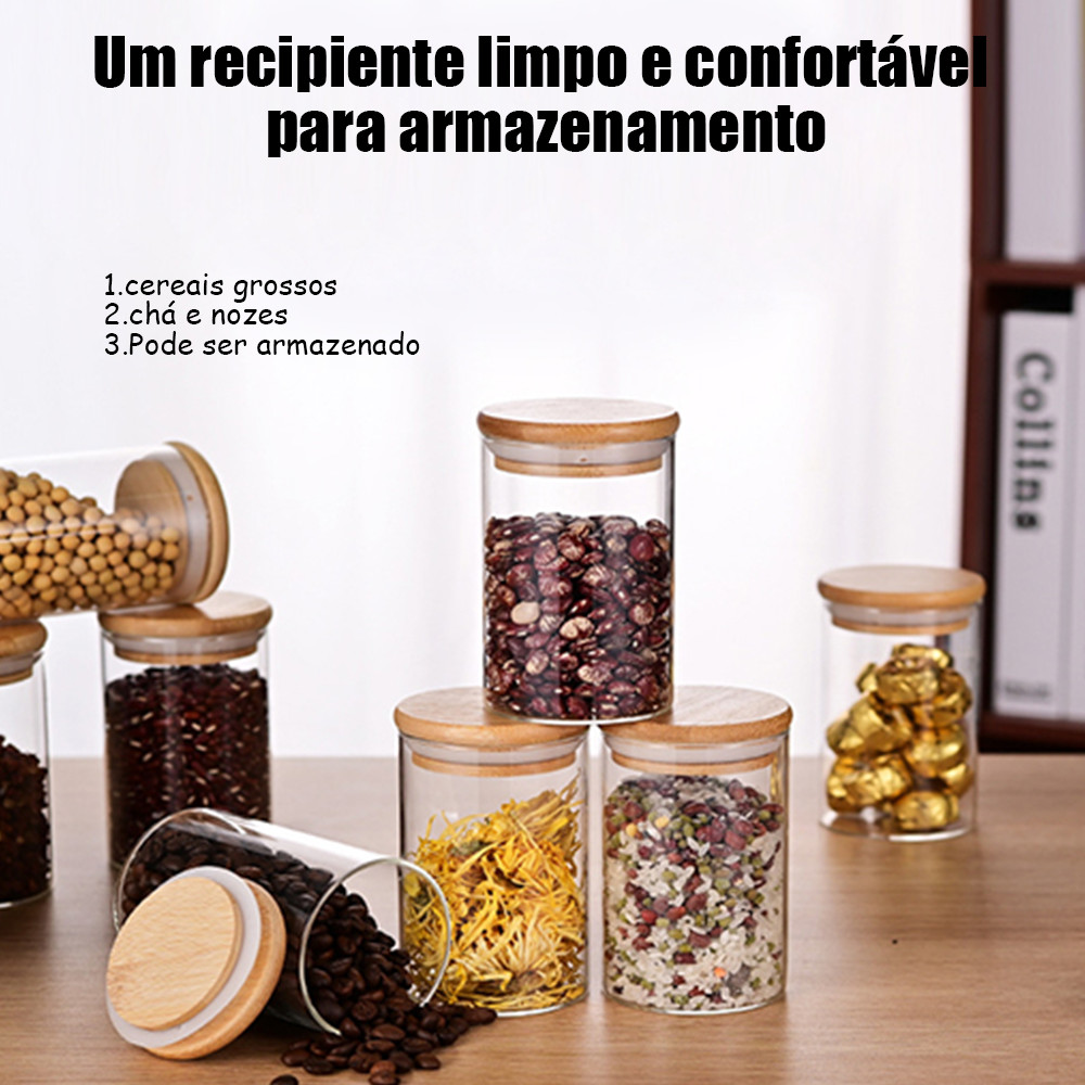 Kit 1 a 6 potes de vidro de qualidade 200ml tampa bambu hermético para armazenar especiarias grãos tempero e alimentos