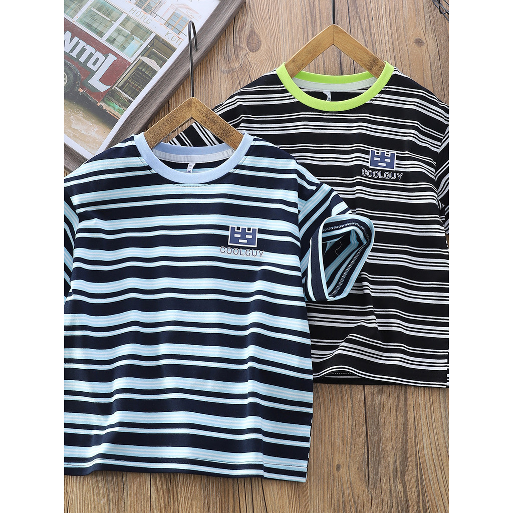 Meninos puro algodão listrado camiseta de manga curta em torno do pescoço solto All-Match 2026 novo estilo crianças verã