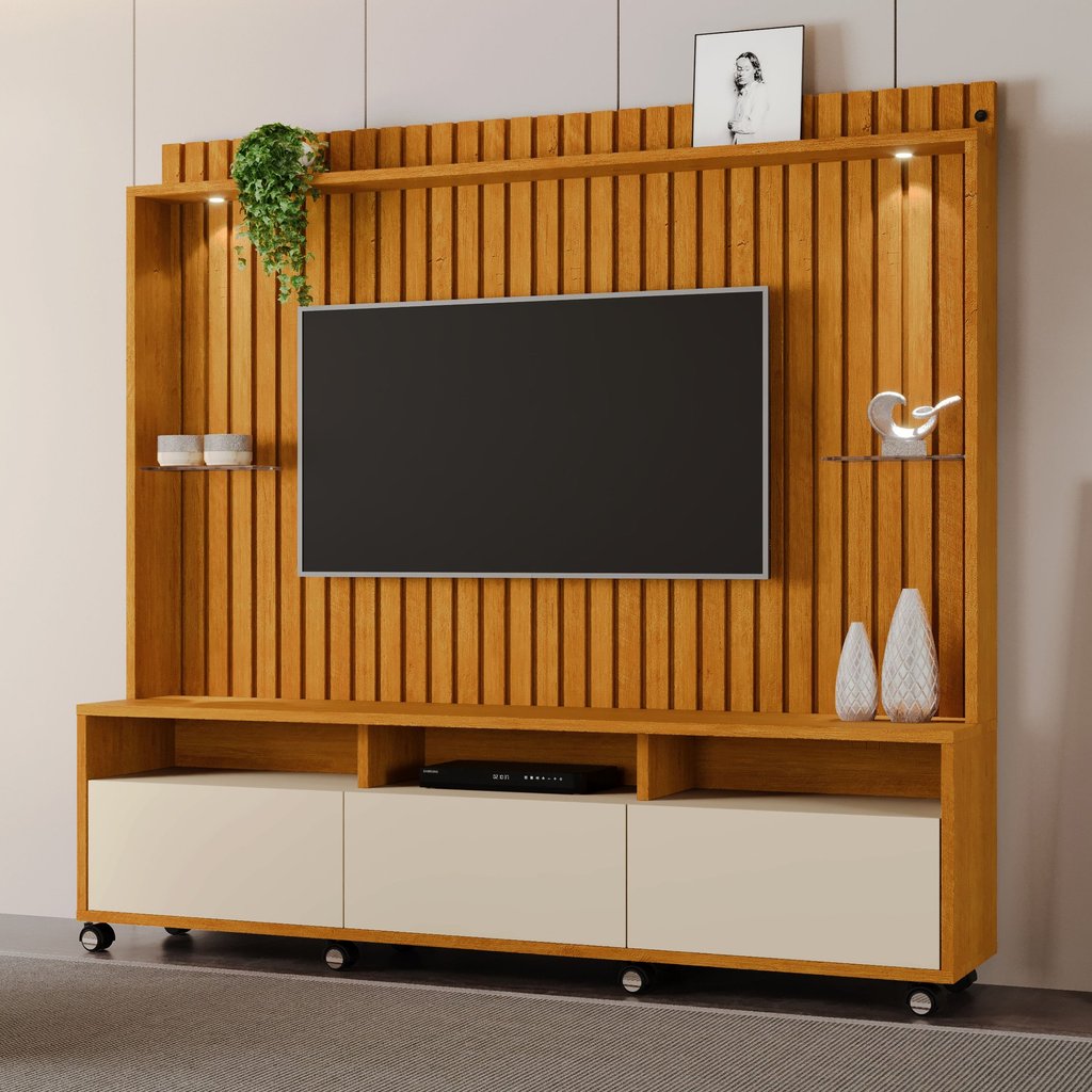 Estante e Home Theater Ripado para TV até 60 Polegadas MDF 190cm Led Tvs de com 3 Gavetas Absoluto Marrom Naturale/Off
