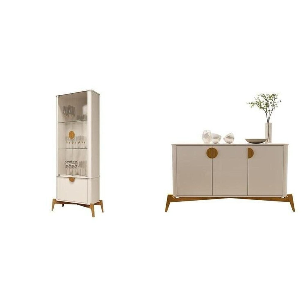Kit 2 Peças com Cristaleira e Buffet Cantos Curvos com Vidro 100% MDF e Madeira Maciça Buriti Branco