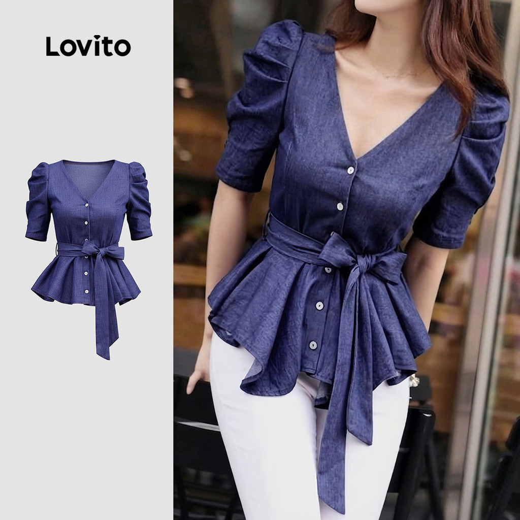 Lovito Blusa Elegante com Cinto e Babados Na Barra Blusa Azul Marinho Primavera/verão para Mulheres LK6LD009