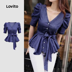Lovito Blusa Elegante com Cinto e Babados Na Barra Blusa Azul Marinho Primavera/verão para Mulheres LK6LD009