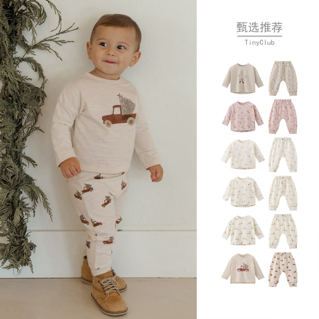 Primavera novo estilo roupas estilo nórdico ins impressão completa bebê terno de manga comprida infantil camiseta calças