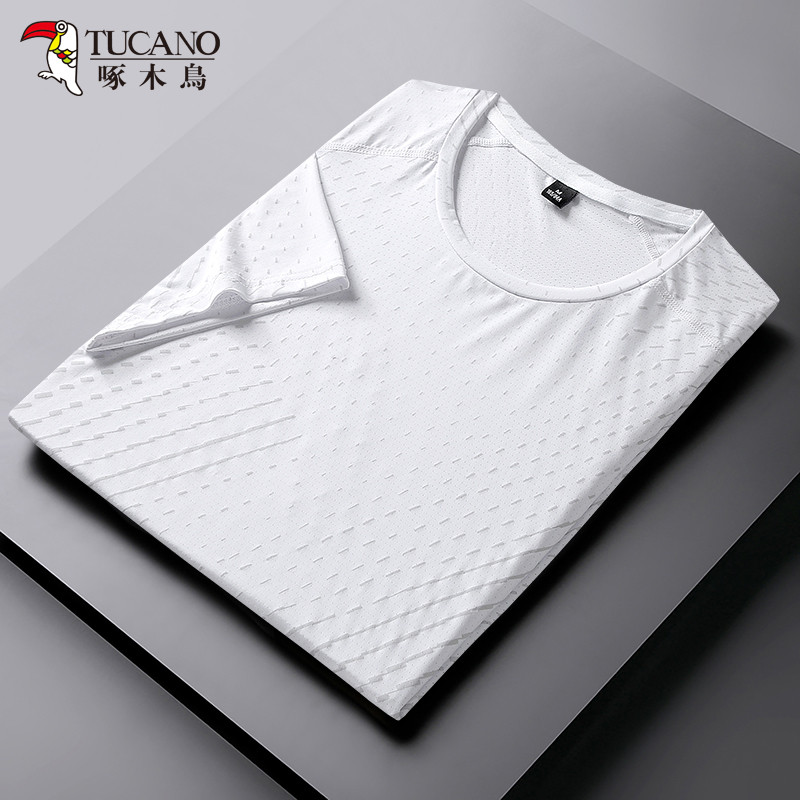 Woodpecker masculino de secagem rápida manga curta camiseta esportes ao ar livre lazer manga curta verão leve respirável