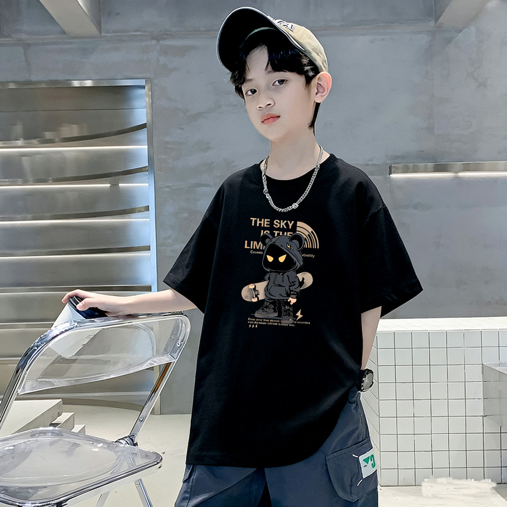 Estilo americano dos desenhos animados preto de manga curta camiseta meninos solto puro algodão em torno do pescoço impr
