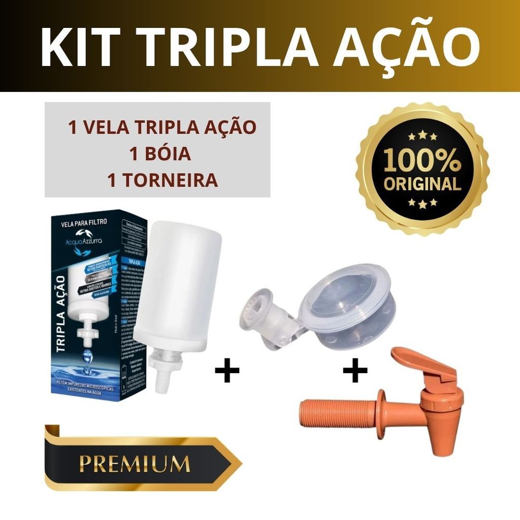 KIT COMPLETO PARA FILTRO DE BARRO – VELA TRIPLA AÇÃO + BOIA ANTI TRANSBORDAMENTO + TORNEIRA