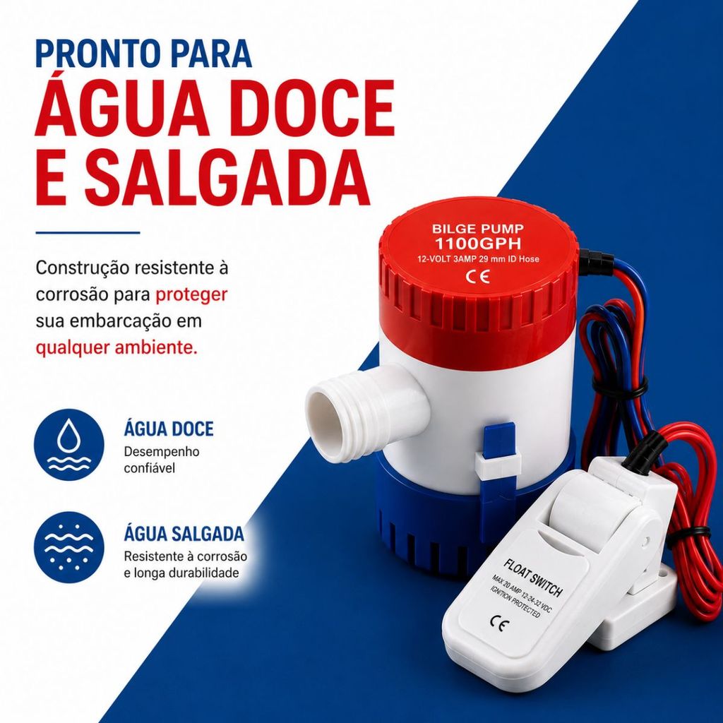 Kit Drenagem Náutica 1100 GPH 12V Bomba Porão + Boia Sailingflo