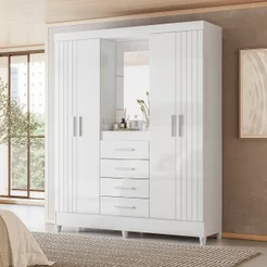 Guarda-Roupa Casal Capelinha 4 Portas 4 Gavetas com Espelho e Pés Atenas Flex Branco/Rosa