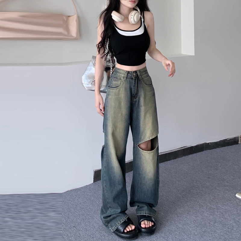 Jeans rasgados de perna larga feminino verão fino americano high Street cintura alta Drape pequeno verão luz calças de p