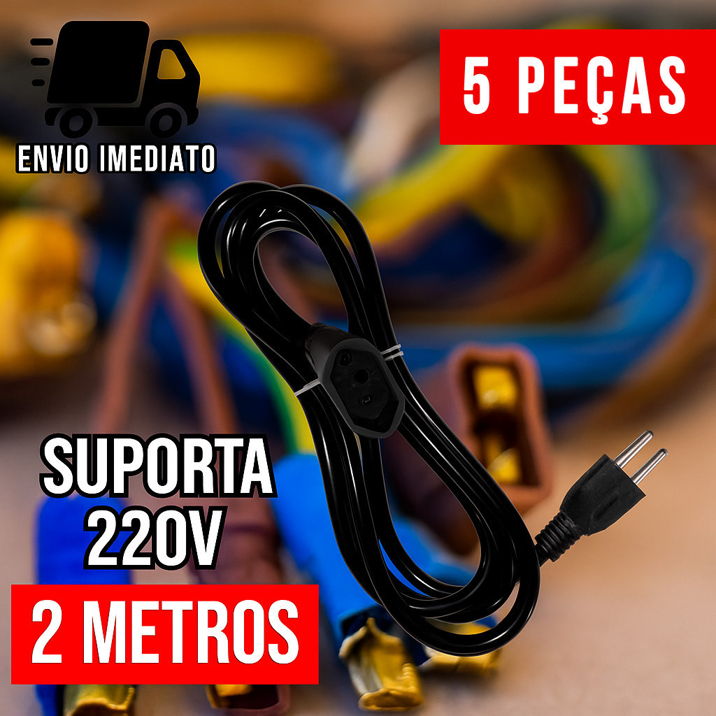 Kit 5 Extensão Elétrica e Prolongador Preto Extensor de Cabo 2 Metros e Bivolt 110v e 220v