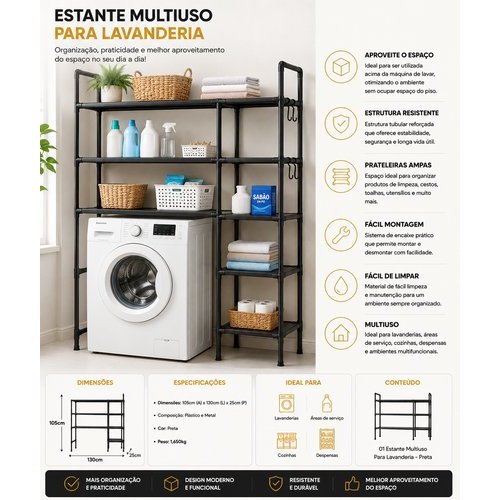 Estante Multiuso Resistente Multiplas Prateleiras Acabamento Preto Organizador Funcional Lavanderia