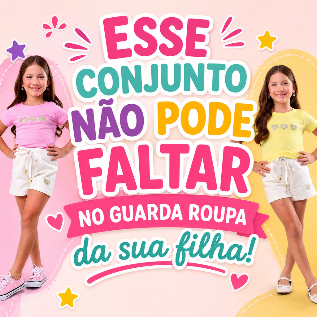 Conjunto 2 peças Infantil Menina Coraçãozinho Blusinha malha e Shorts moletinho macio Roupa Leve Para Dia a Dia