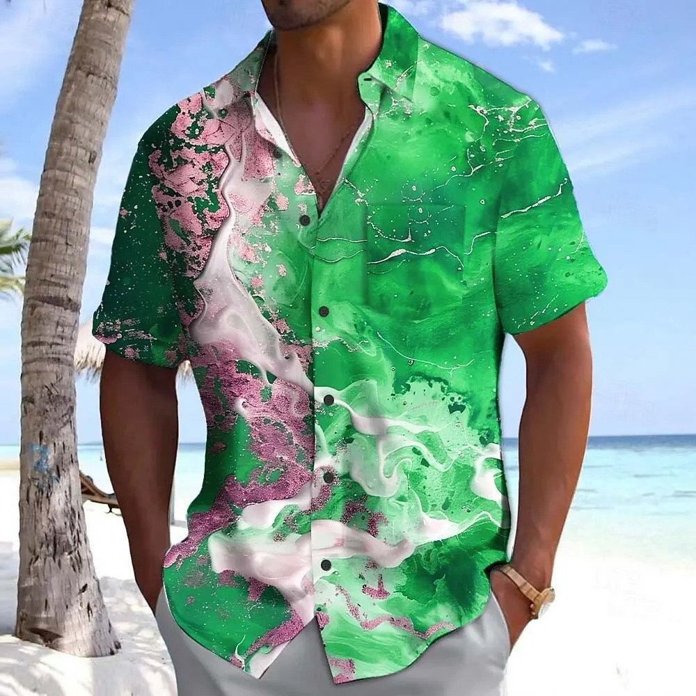 Camisa Masculina Abstrata De Mármore , Arte Líquida , Bloqueio De Cores , De Botão , Manga Curta , Moda Verão , Frente ,