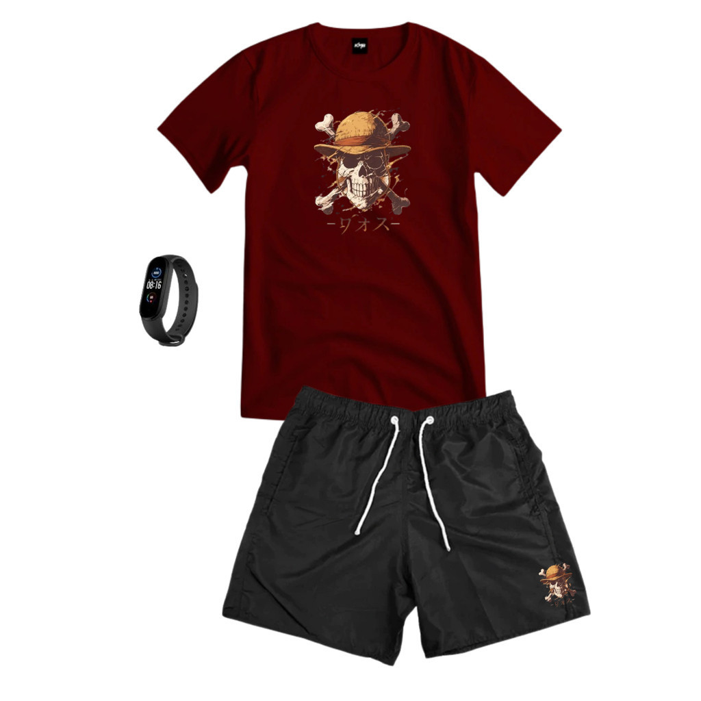Conjunto Kit Masculino ONEPIECE Camisa 100% Algodão + Bermuda Tactel Estampada + Relogio Digital Minimalista Gola Redond