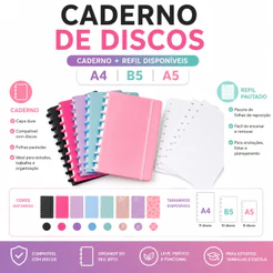 Caderno de Discos A4 A5 B5 + Refil 80 Folhas Capa Dura Planner Escolar