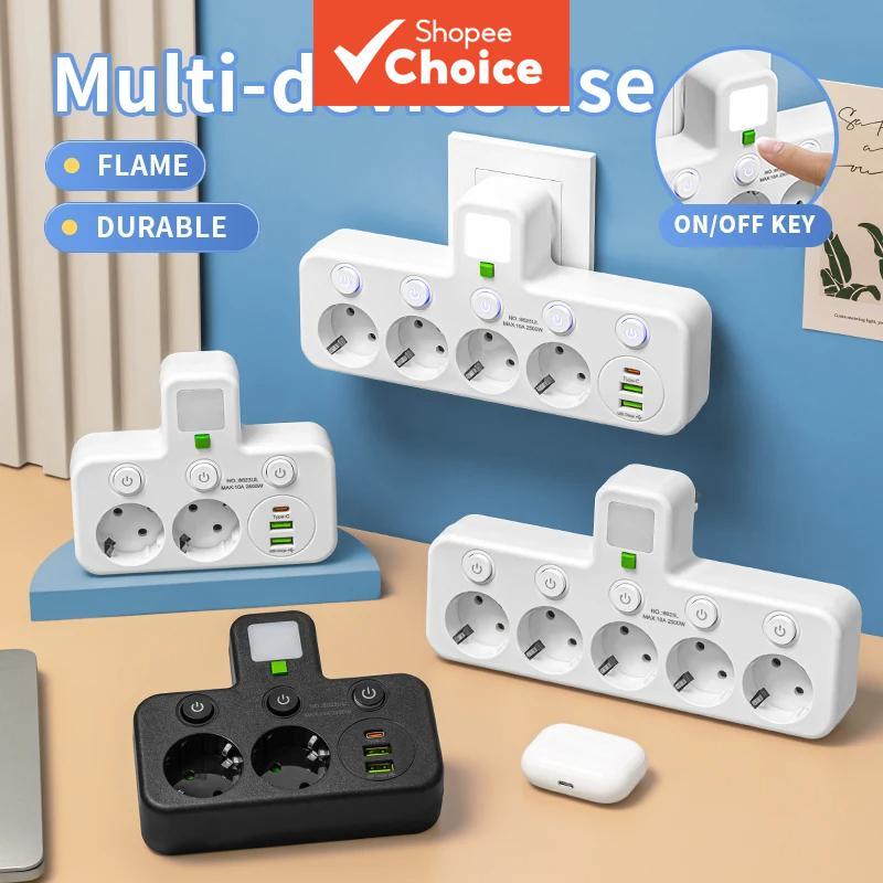 Tomada elétrica 5 bocais, padrão europeu, sem extensão, com ou sem portas USB Tipo-C, duas especificações