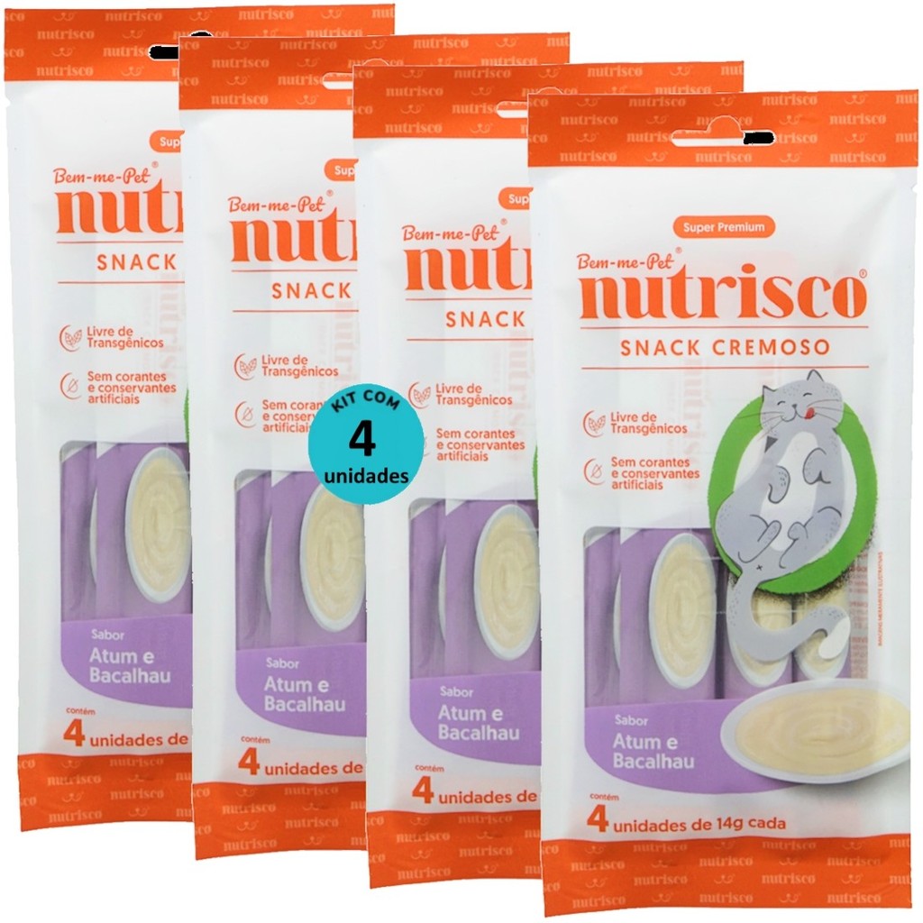 SNACK CREMOSO NUTRISCO GATOS 14G ATUM E BACALHAU COM 4 UN - KIT COM 4