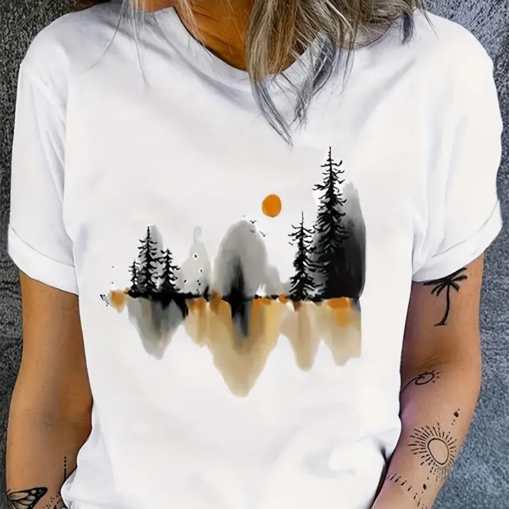 Camiseta De Tinta De Paisaje, Camiseta Casual De Cuello Redondo De Manga Corta, Ropa De Mujer