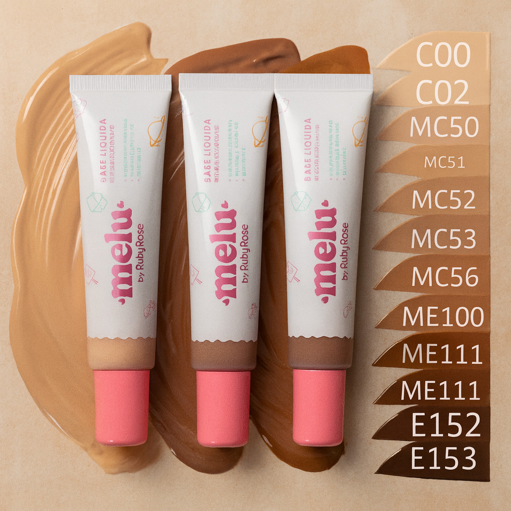 Três bisnagas de Base Líquida Melu by Ruby Rose em diferentes tons, posicionadas sobre amostras de textura e uma paleta de cores numeradas de C00 a E153 ao lado.