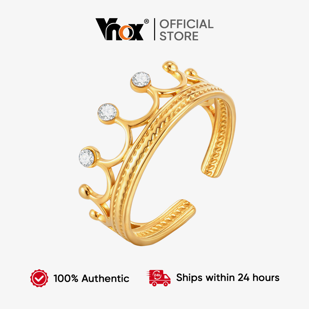 Anel De Abertura De Coroa Cúbica De Zircônia Vnox Dourado Ajustável De Aço Inoxidável À Prova D'água Para Mulheres Joias em Oferta na Shopee