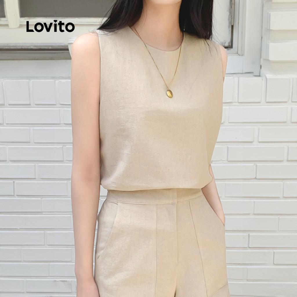 Detalhes do (New) Lovito Conjunto de Shorts Casuais com Bolso Primavera/verão Shorts de Tecido Leve Cáqui para mulheres L149ED1119