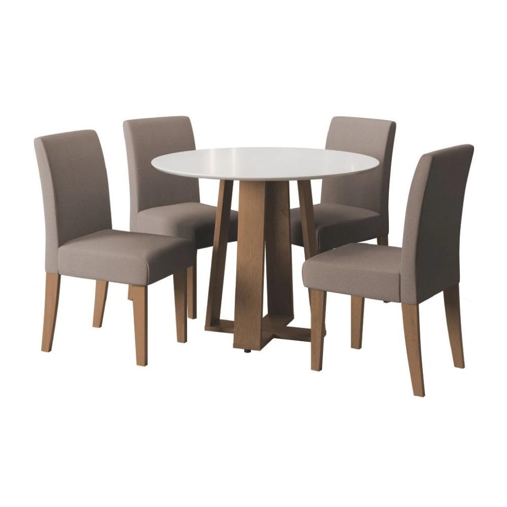 Conjunto de Mesa Sala de Jantar Athenas Redonda 1,03m 4 Cadeiras Trieste Cedro / Off White / Mascavo Dobuê