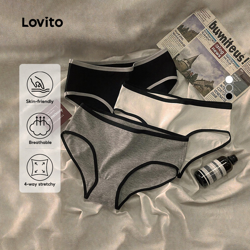 Lovito Calcinha Feminina Casual Respirável Elástica Em 4 Direções Com Contraste E Amarração LNA41021 em Oferta na Shopee
