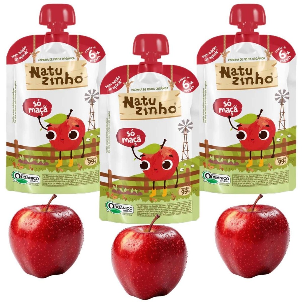3 Papinha Maça para Bebe +6 meses Sem Açúcar Natuzinho 99g