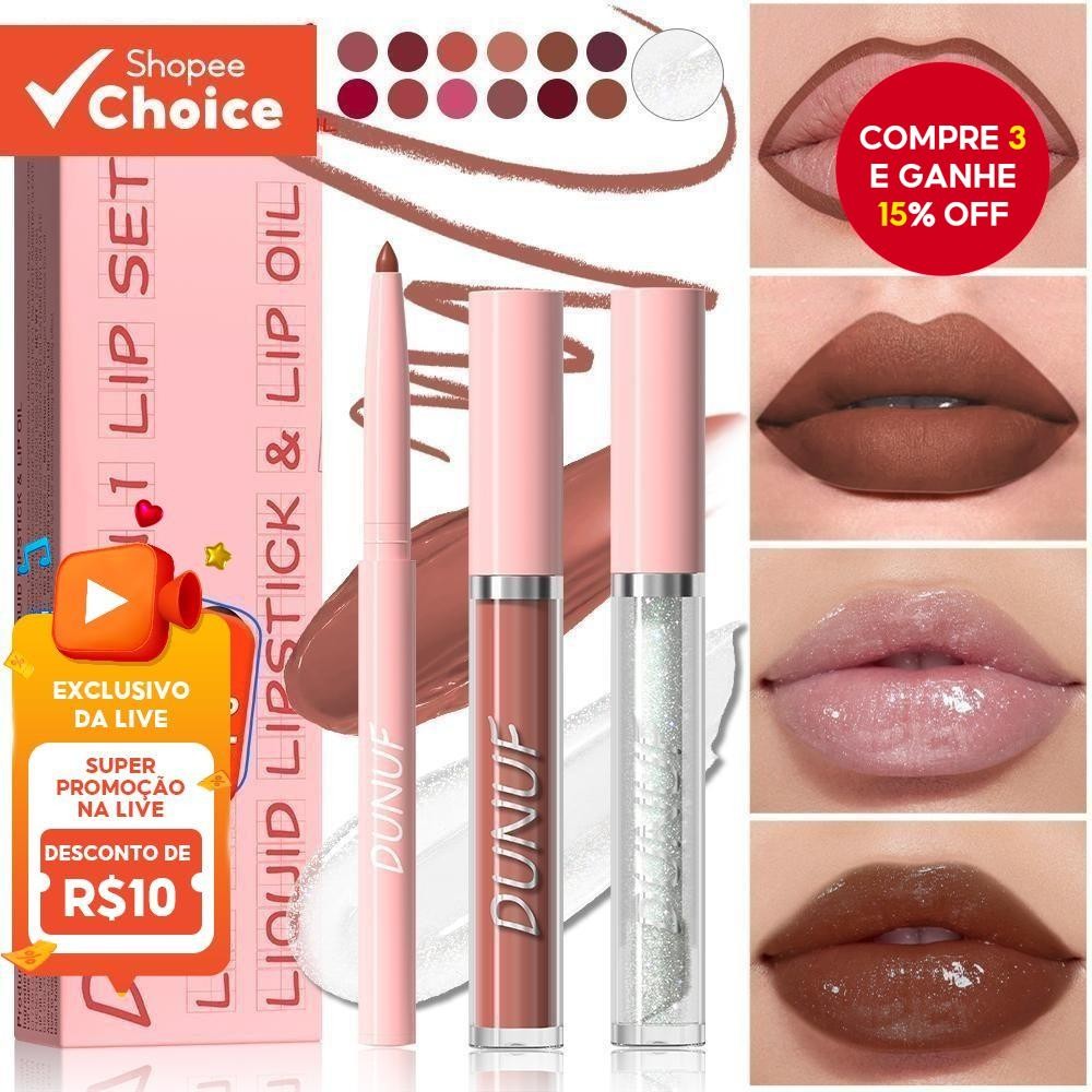 Conjunto De Lábios De Maquiagem Baratos Foscos DUNUF 3 Em 1 : Tons À Prova D