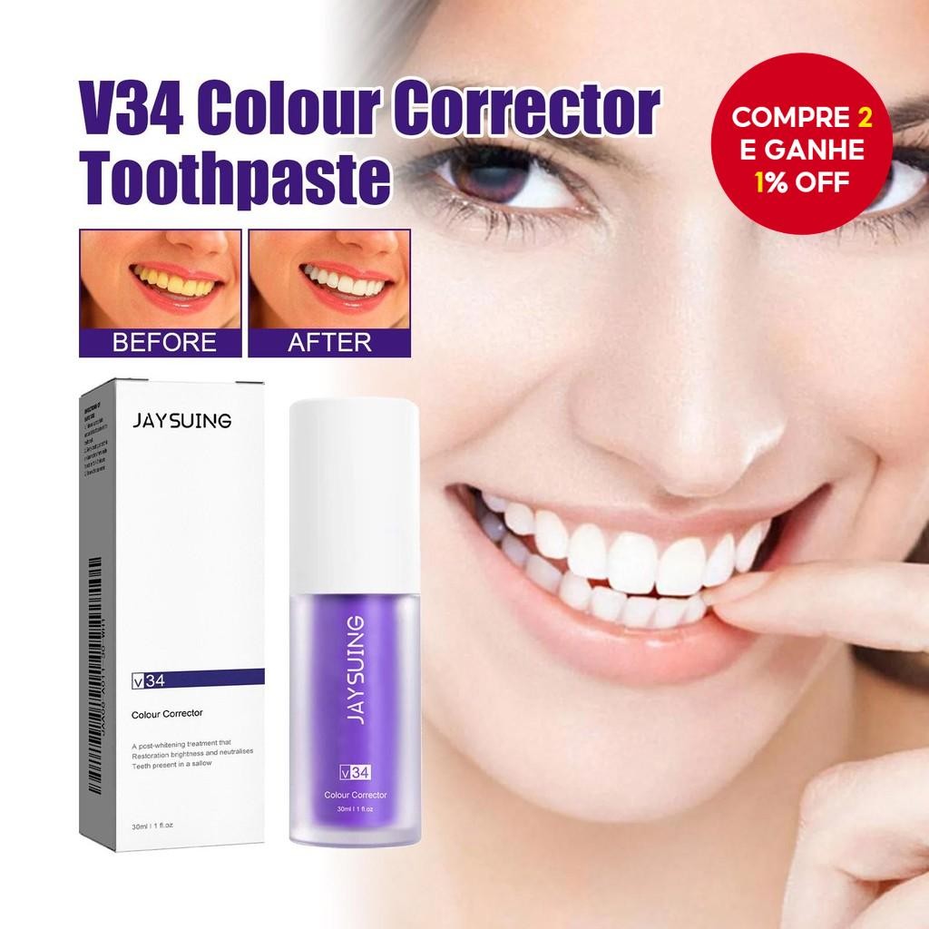  v34 Color Corretivo, Pasta de Dente Roxo para Clareamento Dental, Disfarçador de Manchas nos Dentes, Potencializador de