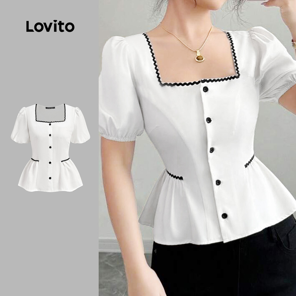 Lovito Blusa Casual com M Exclusivo Contraste Drapeada Primavera/verão Blusa Branca para Mulheres L150AD1629 em Oferta na Shopee