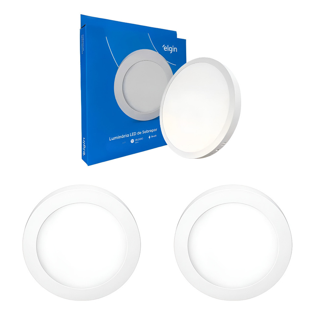 Kit 02 Painéis 18W Luminária Plafon LED Redondo Sobrepor Luz Neutra 4000K 110/220V Bivolt Branca