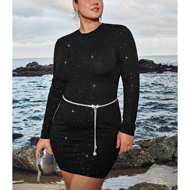 Vestido Curto Feminino Plus Size Manga Comprida Brilho Festa Moda Blogueira Preto SH D295