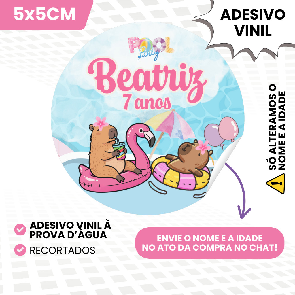Adesivos Vinil 5x5cm Personalizados Para Lembrancinhas de Aniversário Infantil Capivara Pool Party