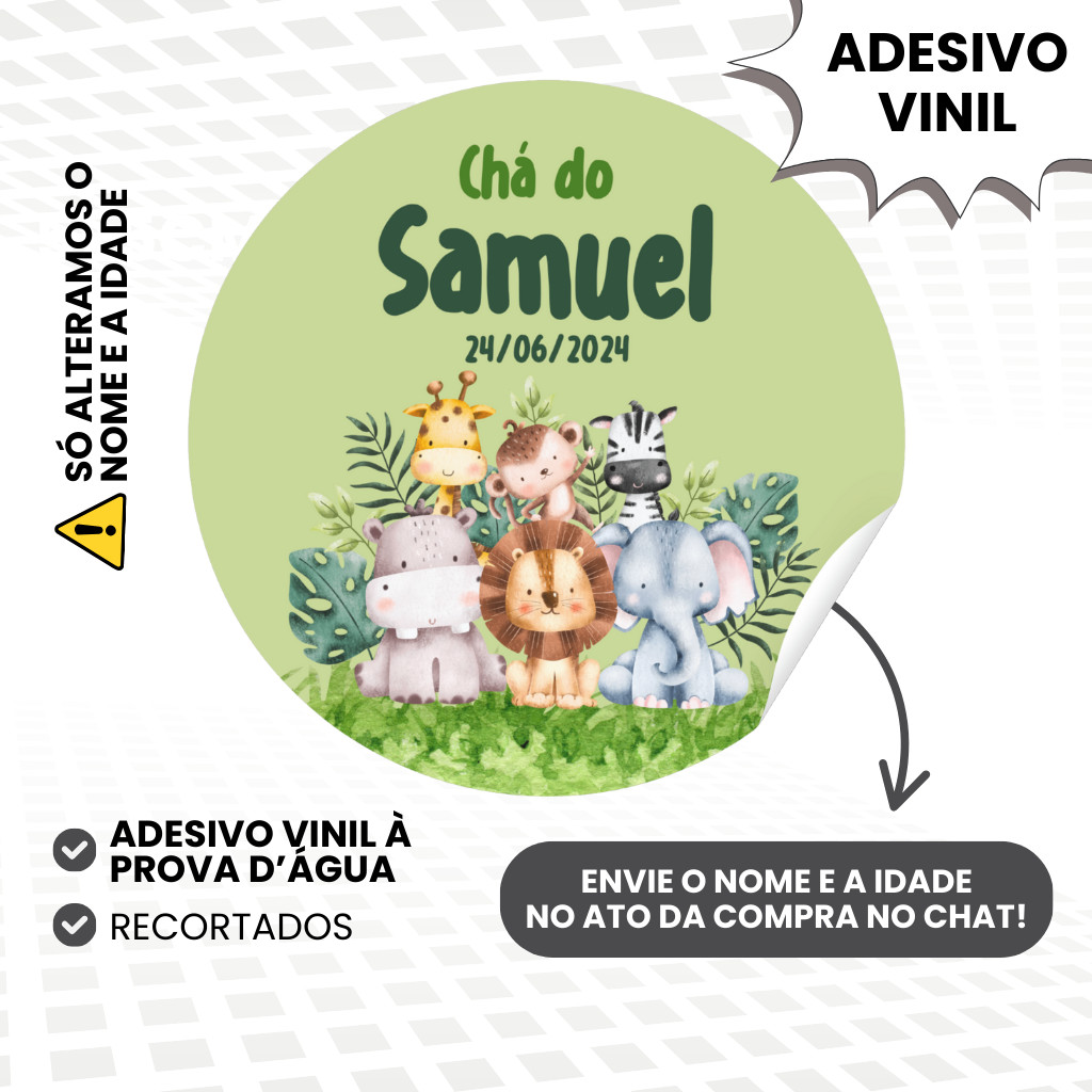 Adesivo Vinil 4x4cm Personalizado Chá de Bebê Safari para Lembrancinhas de Aniversário Infantil