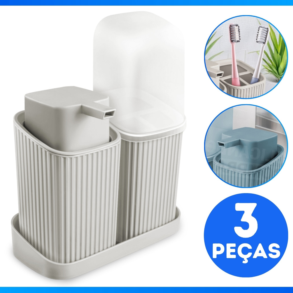 Kit 2 Acessórios Banheiro com Bandeja Dispenser Sabonete Líquido e Porta Escovas - DESIGN MODERNP