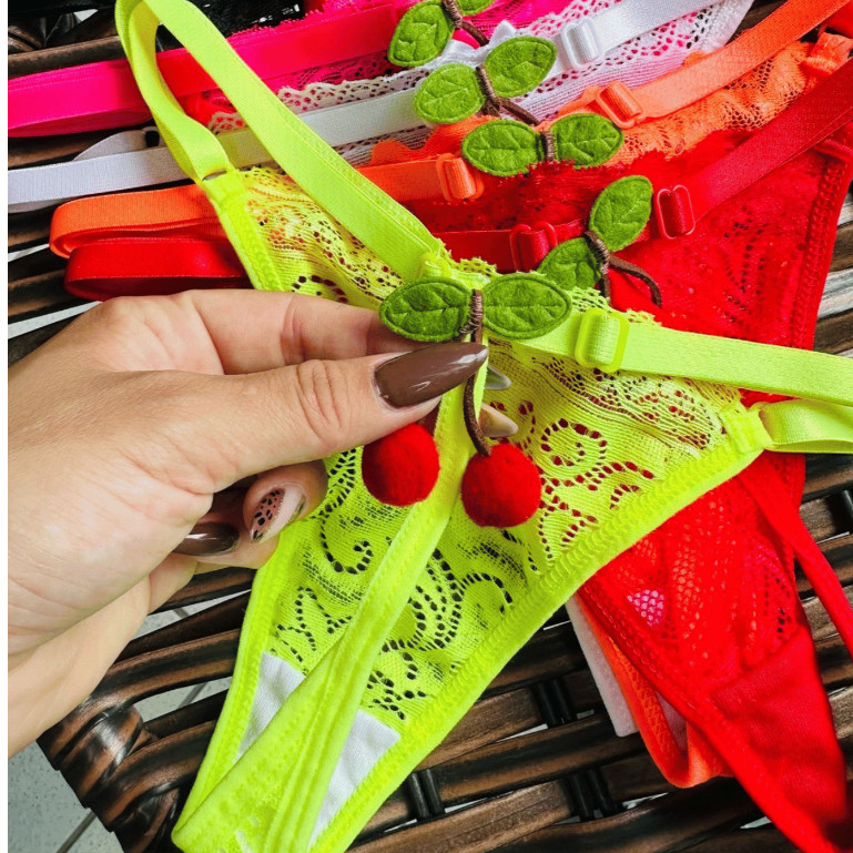 Kit com 4 Calcinha Sexy Rendada com Fio Dental e Cereja 3D – Neon, Divertida e Tamanho Único com Regulagem