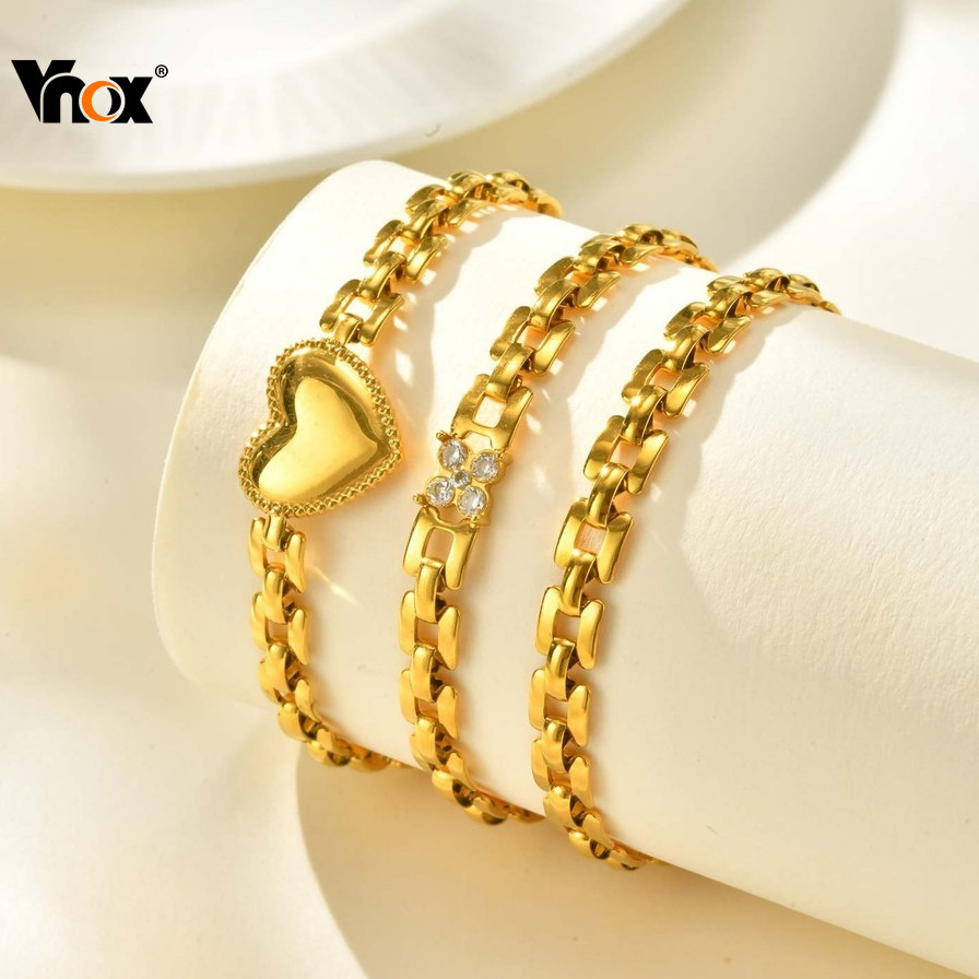 Vnox Zircon Cúbico Trevo De Quatro Folhas Coração Cinta Corrente Pulseira , Artesanal Ouro Aço Inoxidável De Pulso Moda