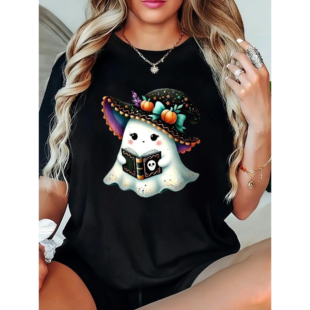 Bonito Camiseta Feminina Plus Size De Algodão Para Halloween Com Estampa De Fantasma Fofo Com Chapéu De Bruxa E Livro