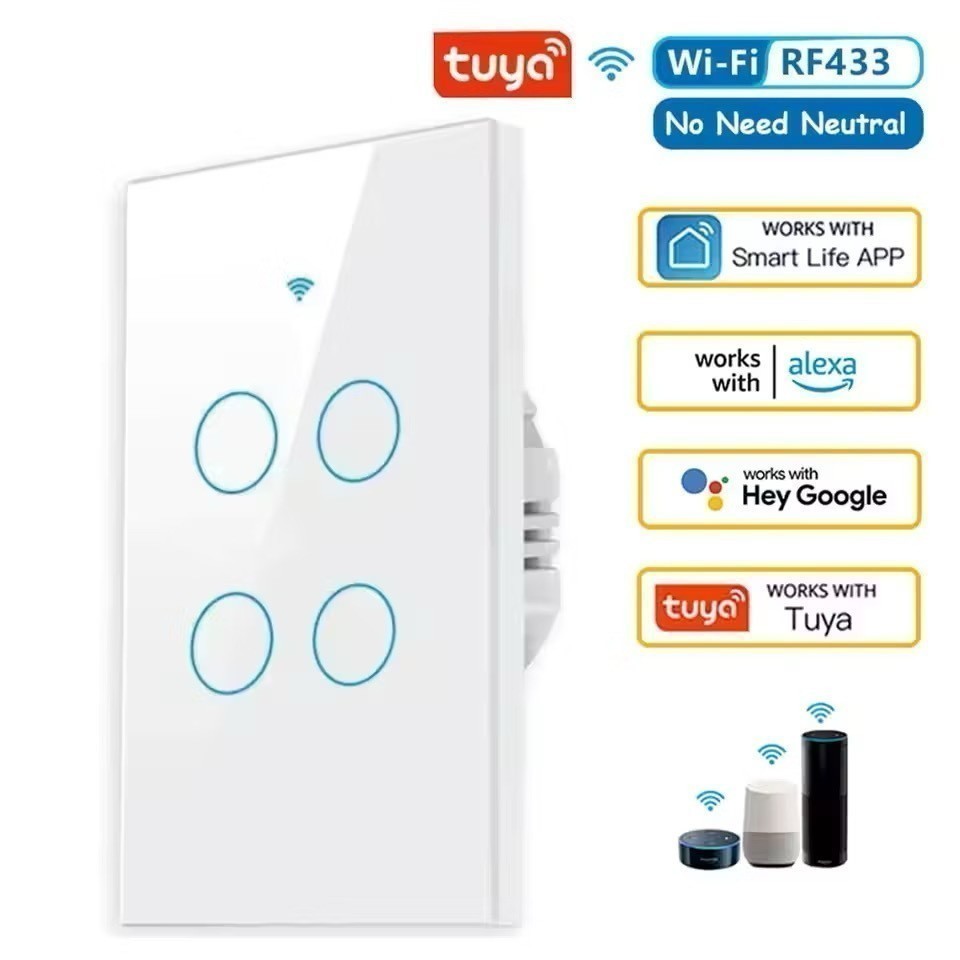 Tuya WiFi Interruptor De Luz Inteligente 2/3/4 gang Wall Touch Switch Trabalho Com Alexa Google Home em Oferta na Shopee