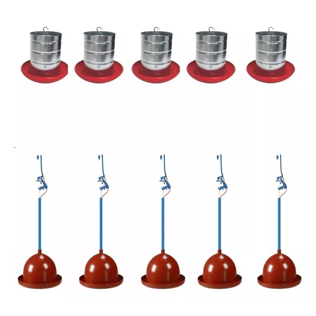 Kit 5 Bebedouro Pendular + 5 Comedouro Tubular 5kg Galinha Frango Ave