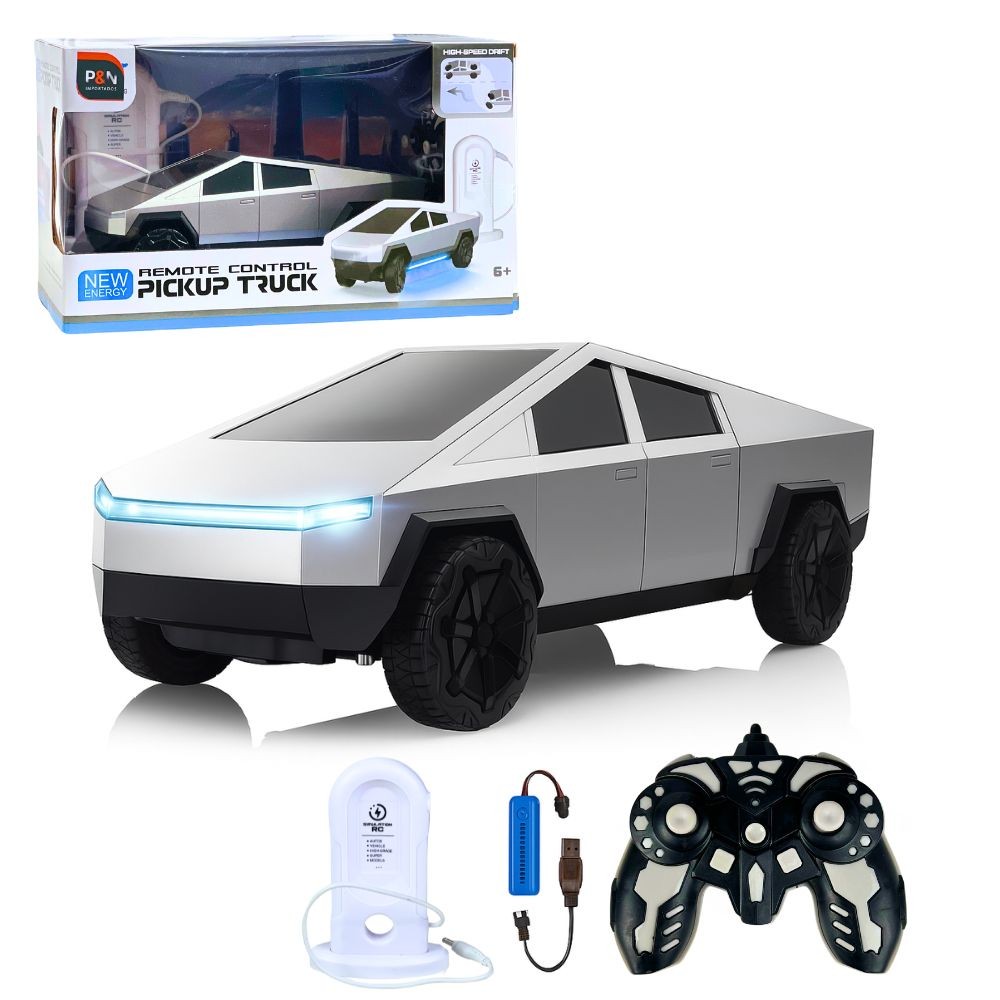 Carrinho de Controle Remoto Tesla Brinquedo Miniatura Cybertruck Recarregável faz Drift Luzes Música
