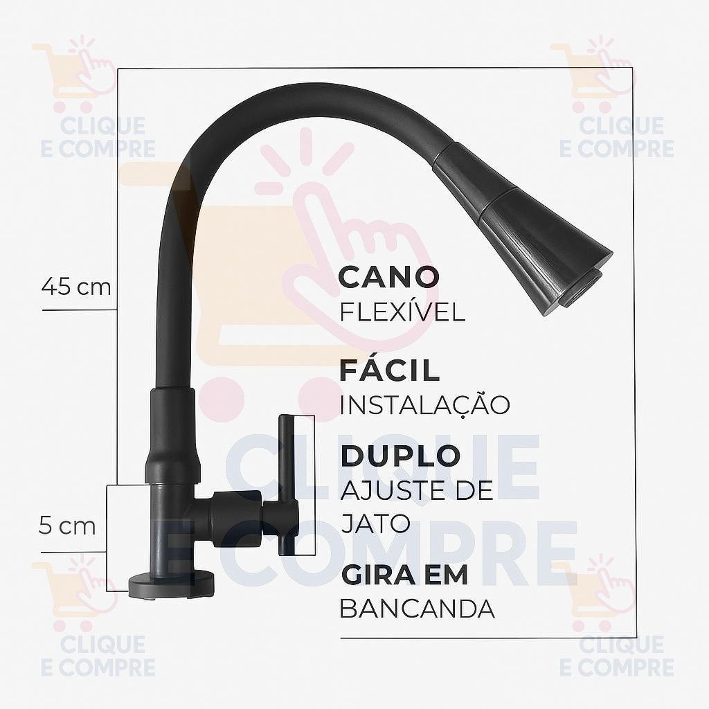 Torneira Gourmet Flexível de Bancada Cozinha Preta1/4Volta AbsSilicone Alta Pressão Fácil Instalação — imagem 2 de 2