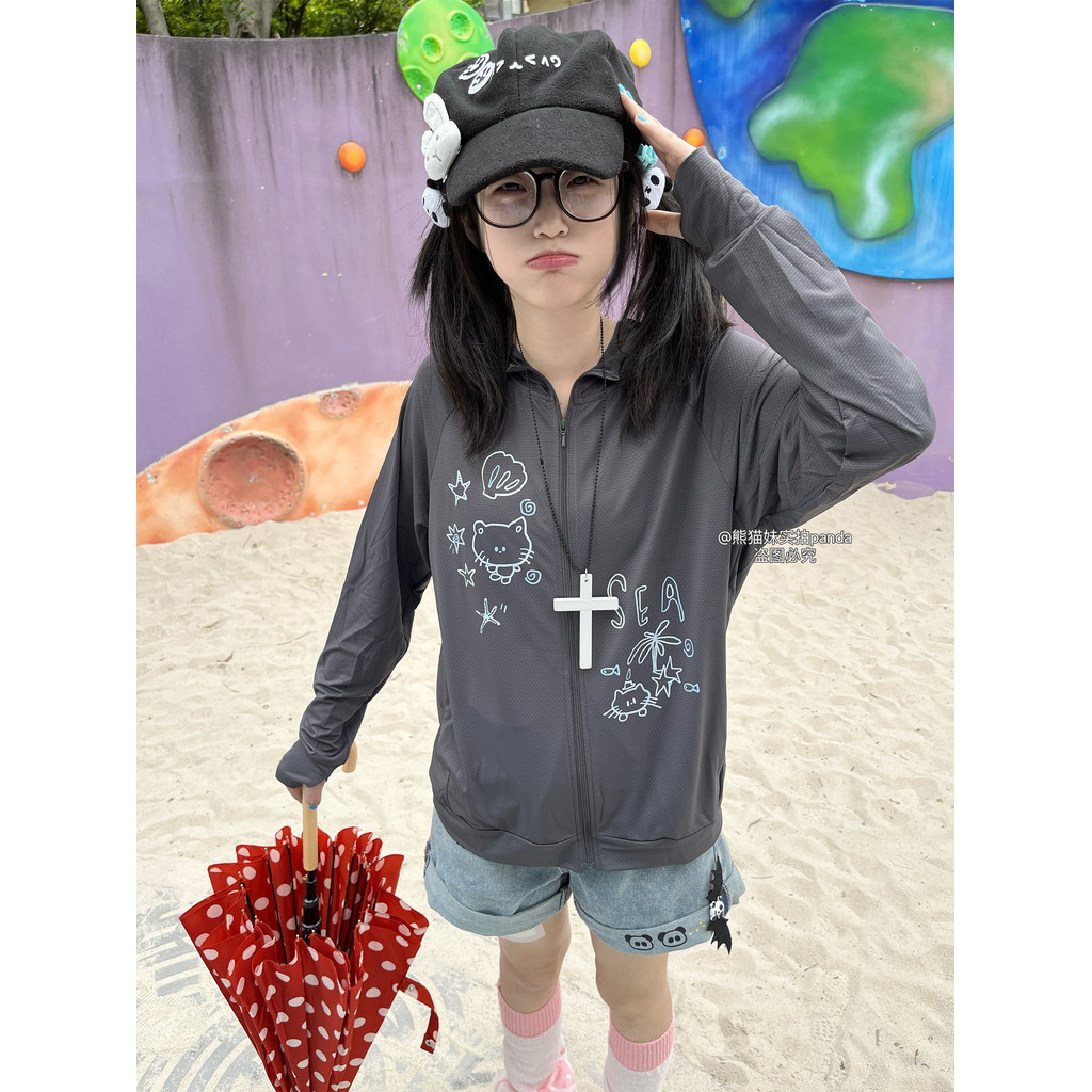 Panda menina-Original Seaside série upf50 protetor solar roupas cuidados jaqueta solta estilo japonês manga longa mais m