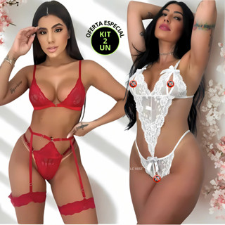Kit 2 Lingerie Sexy Fio Dental Body Sensual de Renda Conjunto Gladiadora Cinta Liga Fantasia em Oferta na Shopee