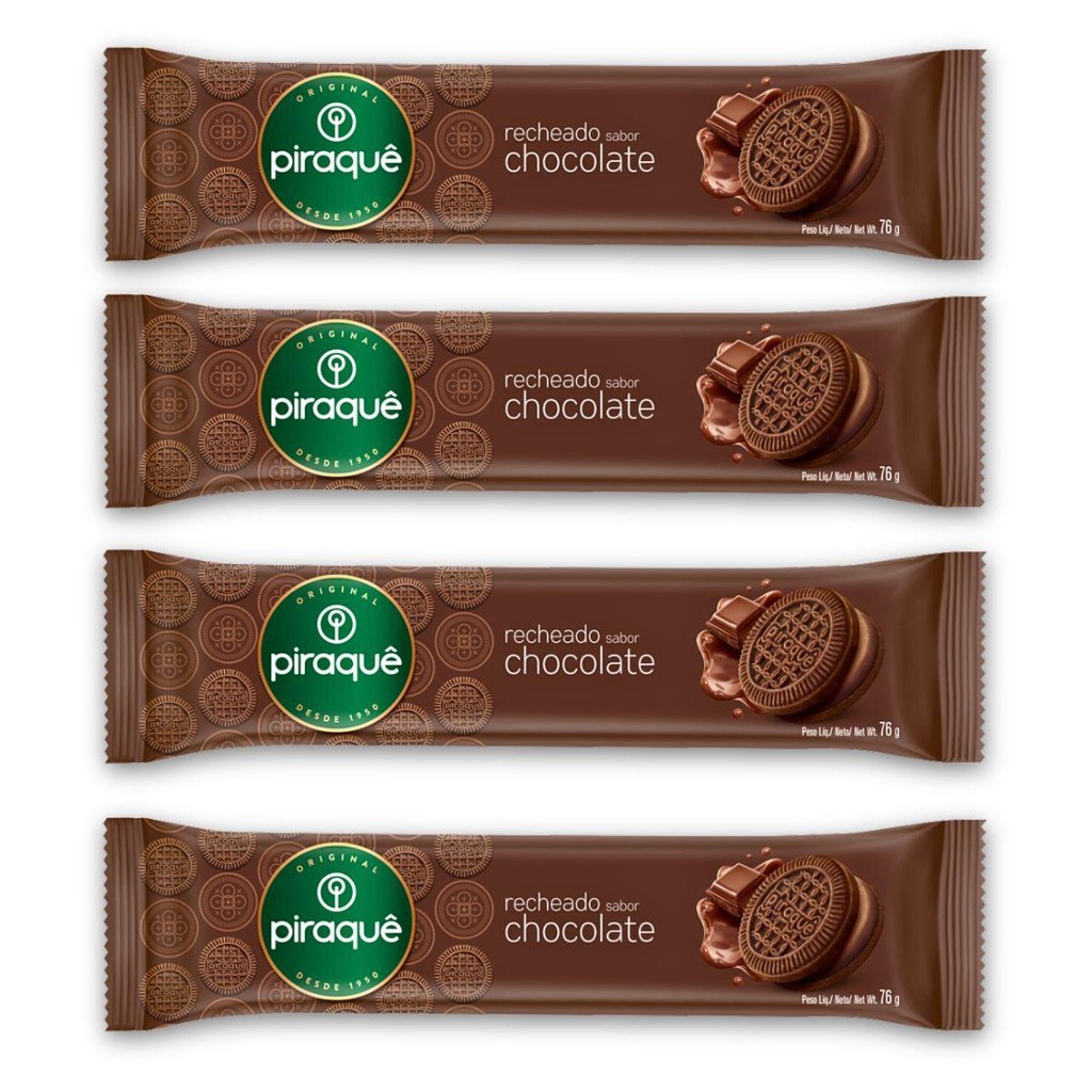 Kit 4un Pacote Biscoito 76G Piraquê Recheio Chocolate