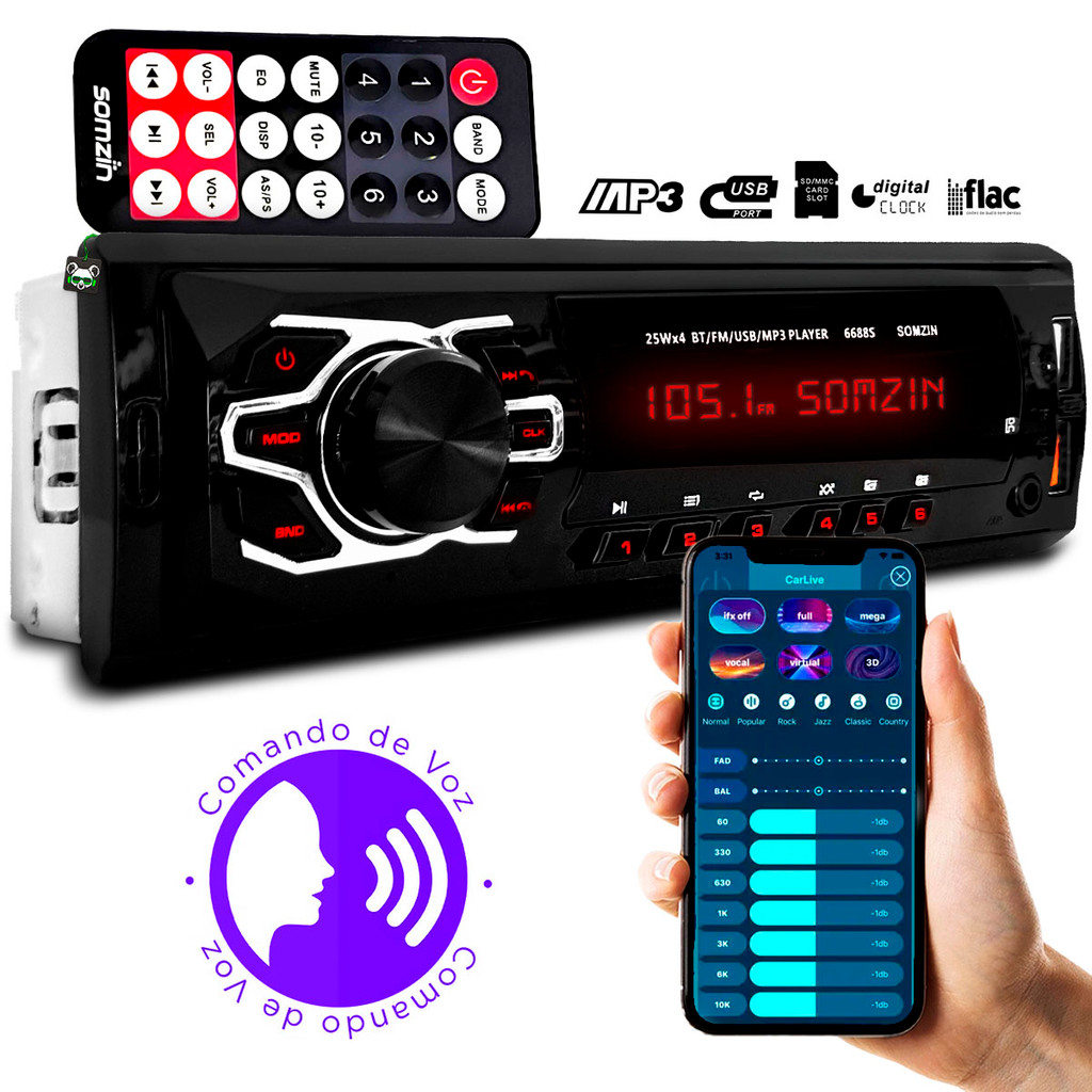 Rádio Automotivo MP3 1 Din Bluetooth 2 USB SD Auxiliar C/ Comando de Voz Universal Somzin em Oferta na Shopee